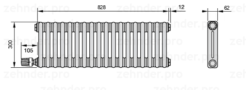 Схема (чертеж) Радиатор Zehnder Charleston 2030/18 №V003 Белый глянцевый RAL 9016